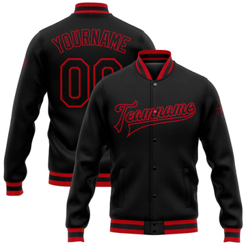 FUNSTUFFPRINT Custom Black Black-Red Bomber Full-Snap Varsity Letterman Jacket 3D Baseball Jacket