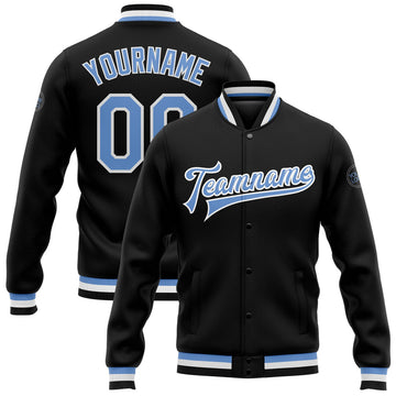 FUNSTUFFPRINT Custom Black Light Blue-White Bomber Full-Snap Varsity Letterman Jacket 3D Baseball Jacket