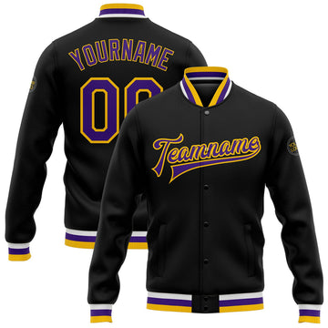 FUNSTUFFPRINT Custom Black Purple-Gold Bomber Full-Snap Varsity Letterman Jacket 3D Baseball Jacket