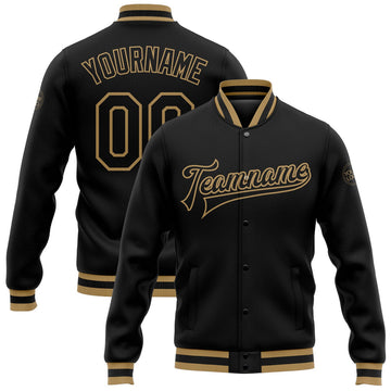 FUNSTUFFPRINT Custom Black Black-Old Gold Bomber Full-Snap Varsity Letterman Jacket 3D Baseball Jacket