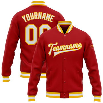 FUNSTUFFPRINT Custom Red White-Gold Bomber Full-Snap Varsity Letterman Jacket 3D Baseball Jacket
