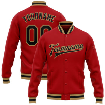FUNSTUFFPRINT Custom Red Black-Old Gold Bomber Full-Snap Varsity Letterman Jacket 3D Baseball Jacket