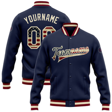 FUNSTUFFPRINT Custom Navy Vintage USA Flag-Cream Bomber Full-Snap Varsity Letterman Jacket 3D Baseball Jacket