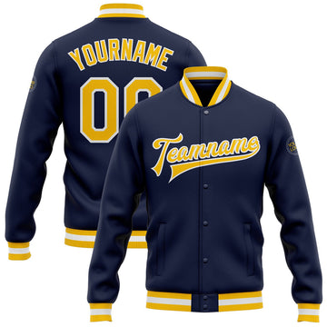 FUNSTUFFPRINT Custom Navy Gold-White Bomber Full-Snap Varsity Letterman Jacket 3D Baseball Jacket