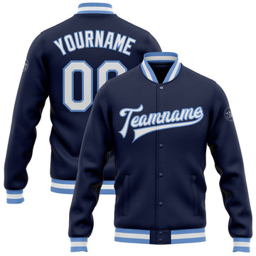 FUNSTUFFPRINT Custom Navy White-Light Blue Bomber Full-Snap Varsity Letterman Jacket 3D Baseball Jacket