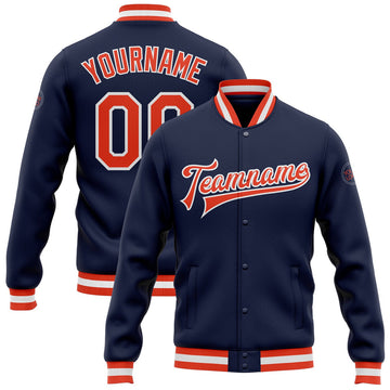 FUNSTUFFPRINT Custom Navy Orange-White Bomber Full-Snap Varsity Letterman Jacket 3D Baseball Jacket