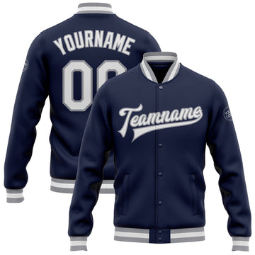 FUNSTUFFPRINT Custom Navy White-Gray Bomber Full-Snap Varsity Letterman Jacket 3D Baseball Jacket