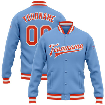 FUNSTUFFPRINT Custom Light Blue Orange-White Bomber Full-Snap Varsity Letterman Jacket 3D Baseball Jacket