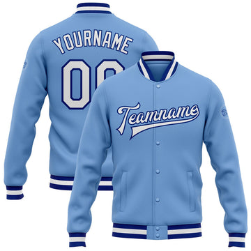 FUNSTUFFPRINT Custom Light Blue White-Royal Bomber Full-Snap Varsity Letterman Jacket 3D Baseball Jacket