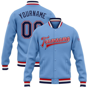 FUNSTUFFPRINT Custom Light Blue Navy White-Red Bomber Full-Snap Varsity Letterman Jacket 3D Baseball Jacket