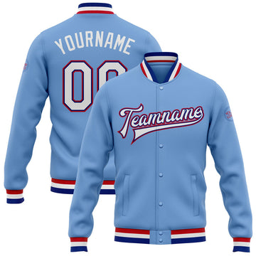 FUNSTUFFPRINT Custom Light Blue White Royal-Red Bomber Full-Snap Varsity Letterman Jacket 3D Baseball Jacket