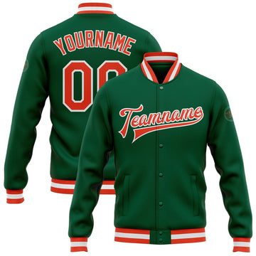 FUNSTUFFPRINT Custom Kelly Green Orange-White Bomber Full-Snap Varsity Letterman Jacket 3D Baseball Jacket