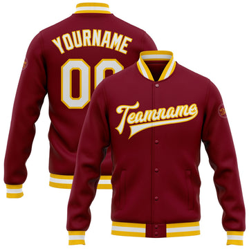 FUNSTUFFPRINT Custom Crimson White-Gold Bomber Full-Snap Varsity Letterman Jacket 3D Baseball Jacket