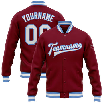 FUNSTUFFPRINT Custom Crimson White-Light Blue Bomber Full-Snap Varsity Letterman Jacket 3D Baseball Jacket
