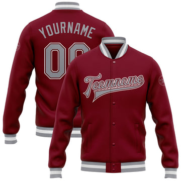 FUNSTUFFPRINT Custom Crimson Gray-White Bomber Full-Snap Varsity Letterman Jacket 3D Baseball Jacket