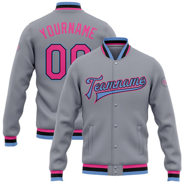 FUNSTUFFPRINT Custom Gray Pink Black-Light Blue Bomber Full-Snap Varsity Letterman Jacket 3D Baseball Jacket