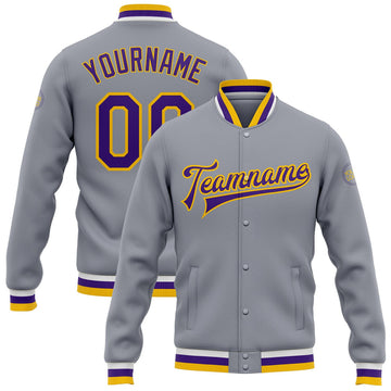 FUNSTUFFPRINT Custom Gray Purple-Gold Bomber Full-Snap Varsity Letterman Jacket 3D Baseball Jacket