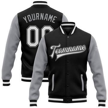 FUNSTUFFPRINT Custom Black White-Gray Bomber Full-Snap Varsity Letterman Two Tone Jacket 3D Baseball Jacket