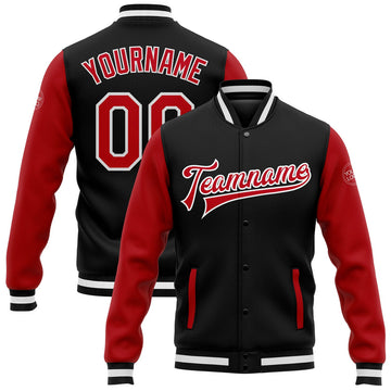 FUNSTUFFPRINT Custom Black Red-White Bomber Full-Snap Varsity Letterman Two Tone Jacket 3D Baseball Jacket