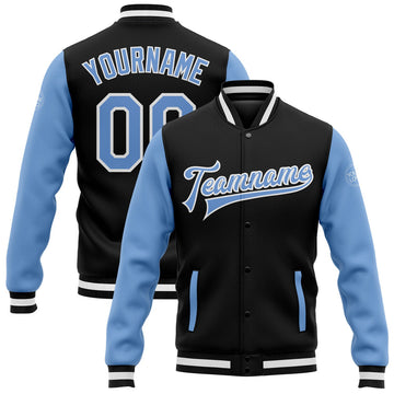 FUNSTUFFPRINT Custom Black Light Blue-White Bomber Full-Snap Varsity Letterman Two Tone Jacket 3D Baseball Jacket