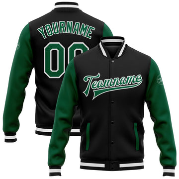 FUNSTUFFPRINT Custom Black Kelly Green-White Bomber Full-Snap Varsity Letterman Two Tone Jacket 3D Baseball Jacket