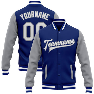 FUNSTUFFPRINT Custom Royal White-Gray Bomber Full-Snap Varsity Letterman Two Tone Jacket 3D Baseball Jacket