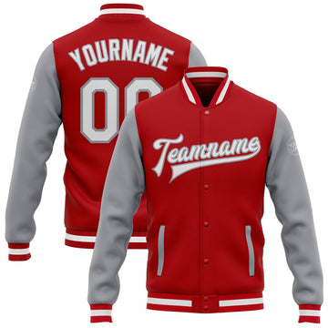 FUNSTUFFPRINT Custom Red White-Gray Bomber Full-Snap Varsity Letterman Two Tone Jacket 3D Baseball Jacket