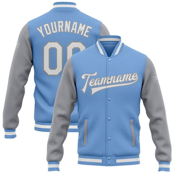 FUNSTUFFPRINT Custom Light Blue White-Gray Bomber Full-Snap Varsity Letterman Two Tone Jacket 3D Baseball Jacket