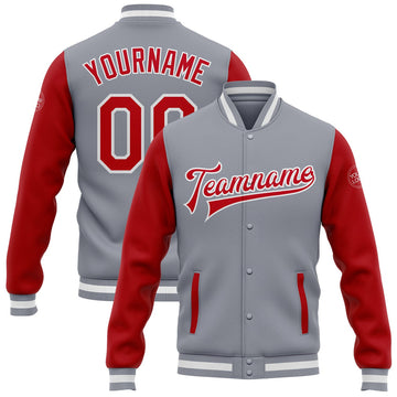 FUNSTUFFPRINT Custom Gray Red-White Bomber Full-Snap Varsity Letterman Two Tone Jacket 3D Baseball Jacket
