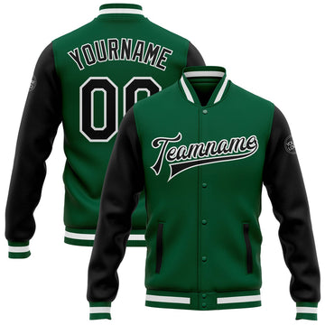 FUNSTUFFPRINT Custom Kelly Green Black-White Bomber Full-Snap Varsity Letterman Two Tone Jacket 3D Baseball Jacket