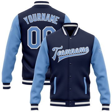 FUNSTUFFPRINT Custom Navy Light Blue-White Bomber Full-Snap Varsity Letterman Two Tone Jacket 3D Baseball Jacket
