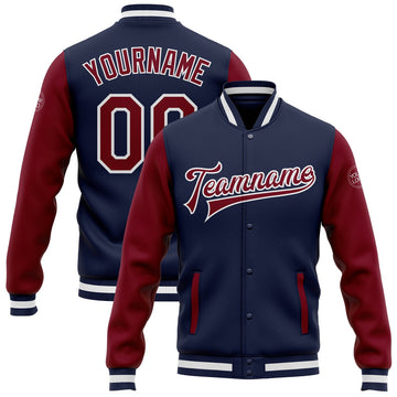 FUNSTUFFPRINT Custom Navy Crimson-White Bomber Full-Snap Varsity Letterman Two Tone Jacket 3D Baseball Jacket