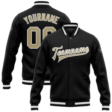 FUNSTUFFPRINT Custom Black Vegas Gold-White Bomber Full-Snap Varsity Letterman Jacket 3D Baseball Jacket