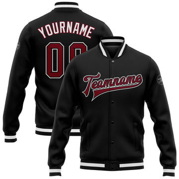 FUNSTUFFPRINT Custom Black Crimson-White Bomber Full-Snap Varsity Letterman Jacket 3D Baseball Jacket