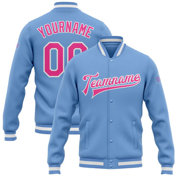 FUNSTUFFPRINT Custom Light Blue Pink-White Bomber Full-Snap Varsity Letterman Jacket 3D Baseball JacketC