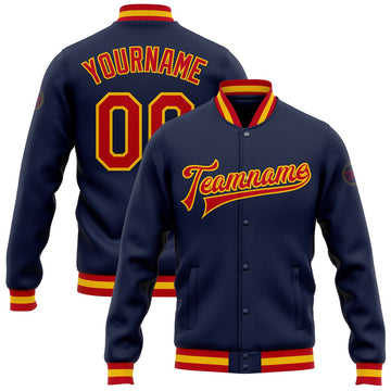 FUNSTUFFPRINT Custom Navy Red-Gold Bomber Full-Snap Varsity Letterman Jacket 3D Baseball Jacket