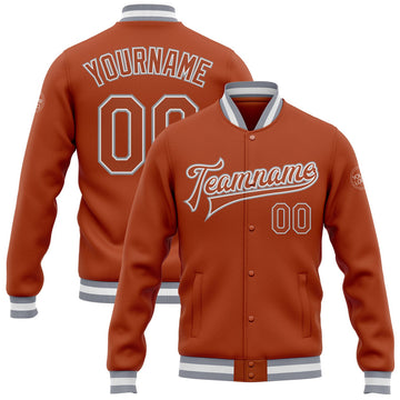 FUNSTUFFPRINT Custom Texas Orange Texas Orange Gray-White Bomber Full-Snap Varsity Letterman Jacket 3D Baseball Jacket