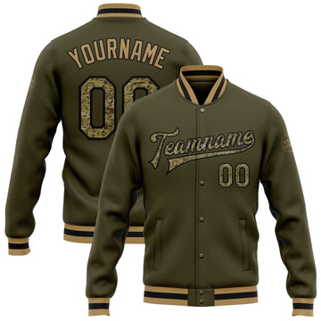 FUNSTUFFPRINT Custom Olive Camo Black-Old Gold Bomber Full-Snap Varsity Letterman Salute To Service Jacket 3D Baseball Jacket