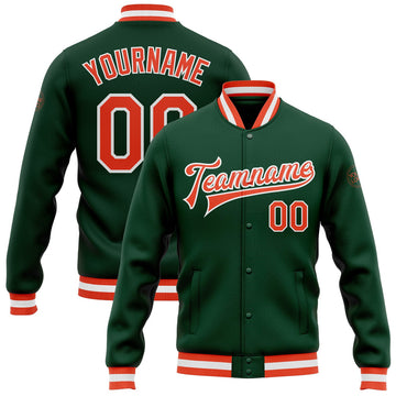FUNSTUFFPRINT Custom Green Orange-White Bomber Full-Snap Varsity Letterman Jacket 3D Baseball Jacket