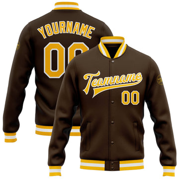 FUNSTUFFPRINT Custom Brown Gold-White Bomber Full-Snap Varsity Letterman Jacket 3D Baseball Jacket