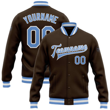 FUNSTUFFPRINT Custom Brown Light Blue-White Bomber Full-Snap Varsity Letterman Jacket 3D Baseball Jacket
