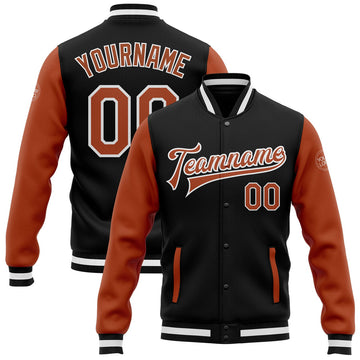 FUNSTUFFPRINT Custom Black Texas Orange-White Bomber Full-Snap Varsity Letterman Two Tone Jacket 3D Baseball Jacket