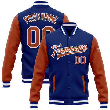 FUNSTUFFPRINT Custom Royal Texas Orange-White Bomber Full-Snap Varsity Letterman Two Tone Jacket 3D Baseball Jacket
