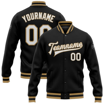 FUNSTUFFPRINT Custom Black White-Old Gold Bomber Full-Snap Varsity Letterman Jacket 3D Baseball Jacket