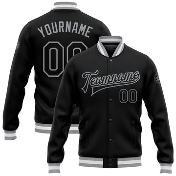 FUNSTUFFPRINT Custom Black Black-Gray Bomber Full-Snap Varsity Letterman Jacket 3D Baseball Jacket