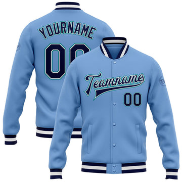 FUNSTUFFPRINT Custom Light Blue Navy-Aqua Bomber Full-Snap Varsity Letterman Jacket 3D Baseball Jacket