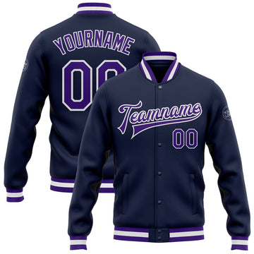 FUNSTUFFPRINT Custom Navy Purple-White Bomber Full-Snap Varsity Letterman Jacket 3D Baseball Jacket