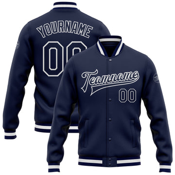 FUNSTUFFPRINT Custom Navy Navy-White Bomber Full-Snap Varsity Letterman Jacket 3D Baseball Jacket