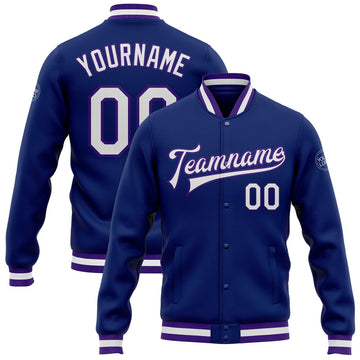 FUNSTUFFPRINT Custom Royal White-Purple Bomber Full-Snap Varsity Letterman Jacket 3D Baseball Jacket