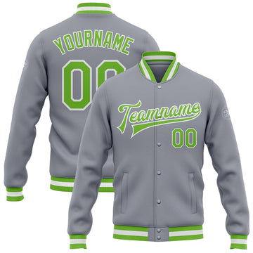 FUNSTUFFPRINT Custom Gray Neon Green-White Bomber Full-Snap Varsity Letterman Jacket 3D Baseball Jacket